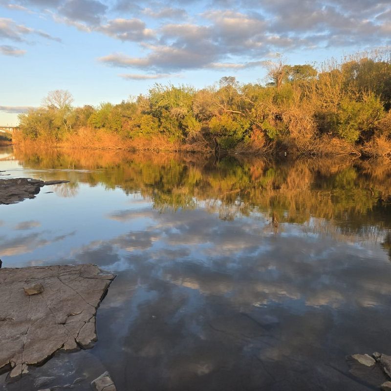 Río Daymán a la hora dorada, con el monte reflejado en el agua